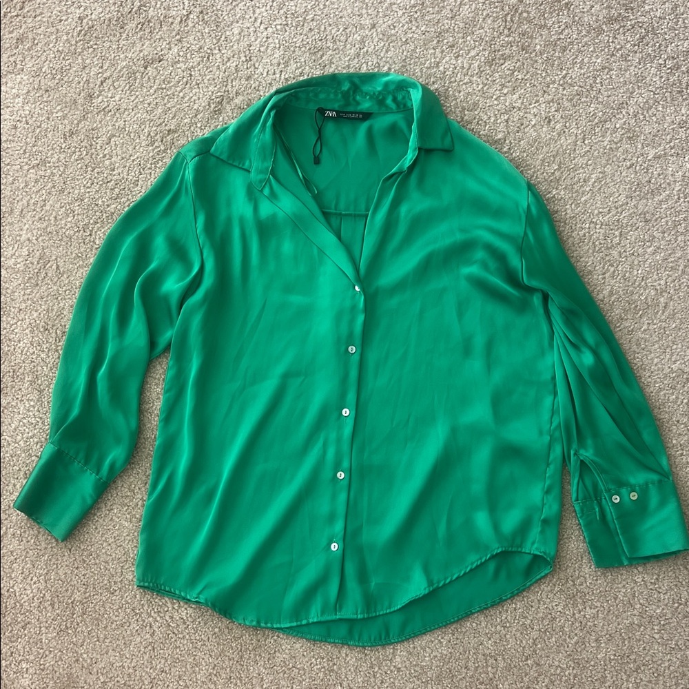 Zara Emerald Green Satin Button-Front Shirt